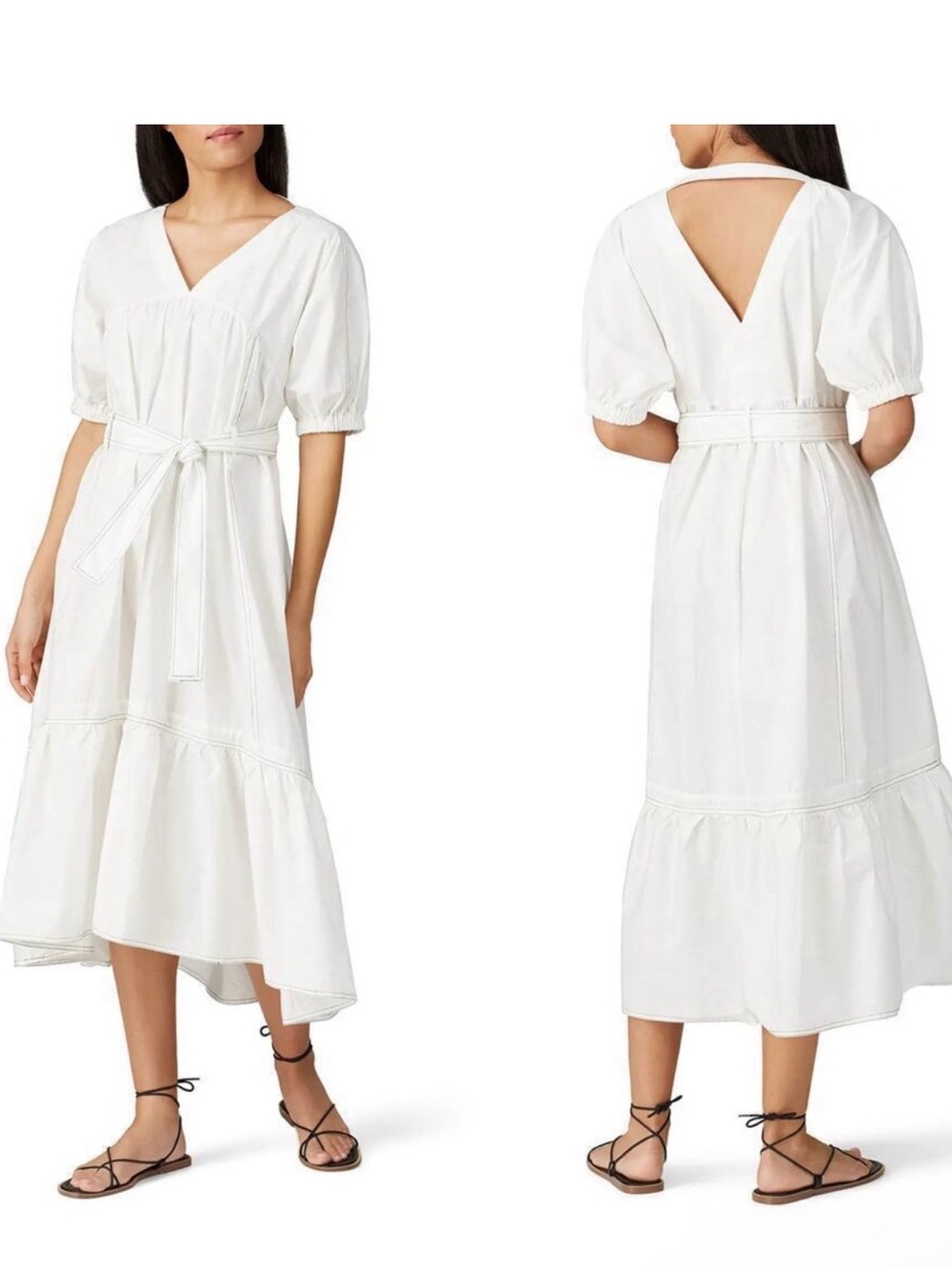 Caara White V-Neck Midi Dress with Puff Sleeves and Waist Tie - Small